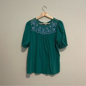 Sundance Green Blue Embroidered Peasant Blouse, Size Small